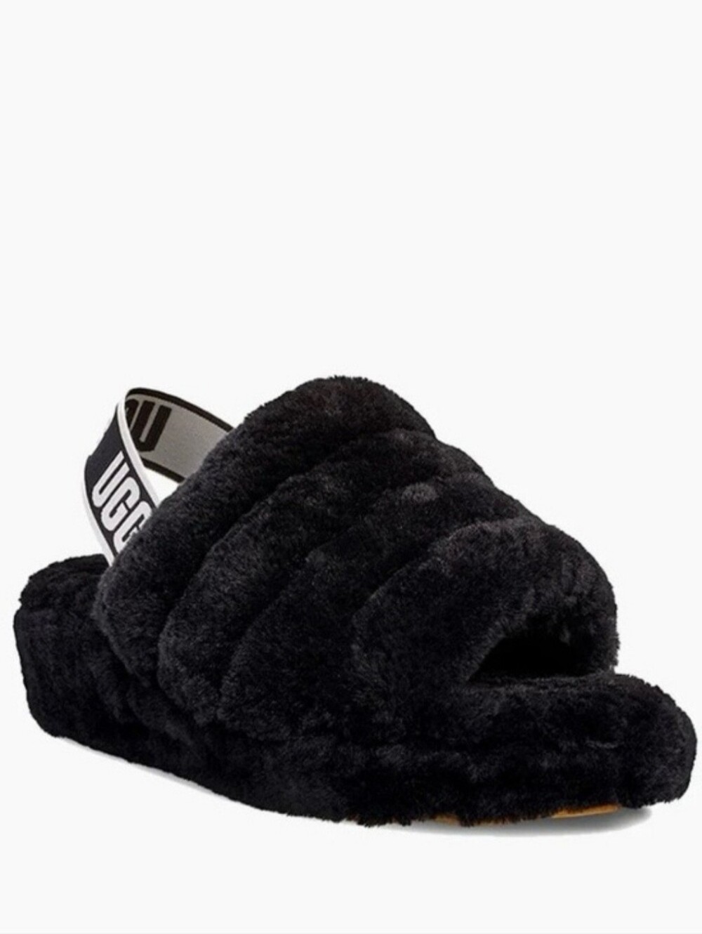 UGG Fluff Yeah Slide Black Sheepskin Platform Fur Slippers Logo Strap Women's 7